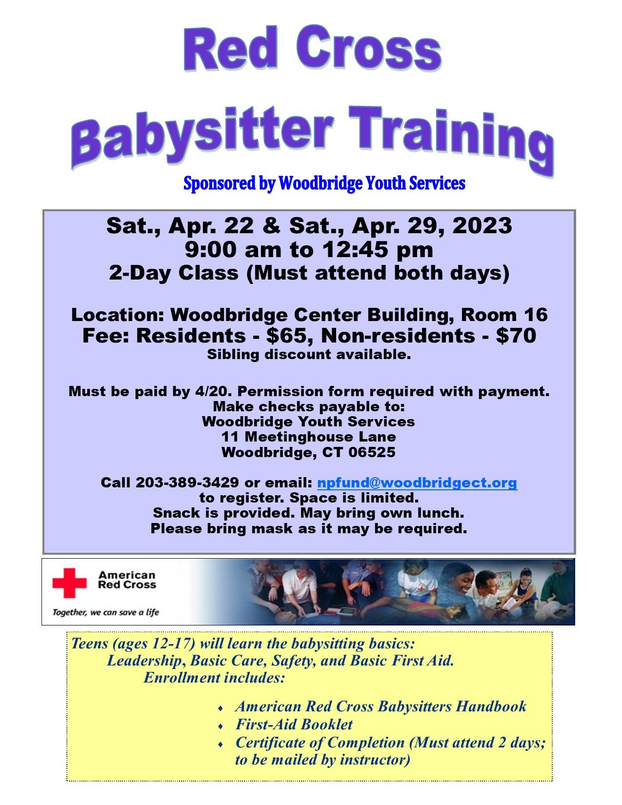 Babysitter Course Apr 22 and 29, 2023 Flyer